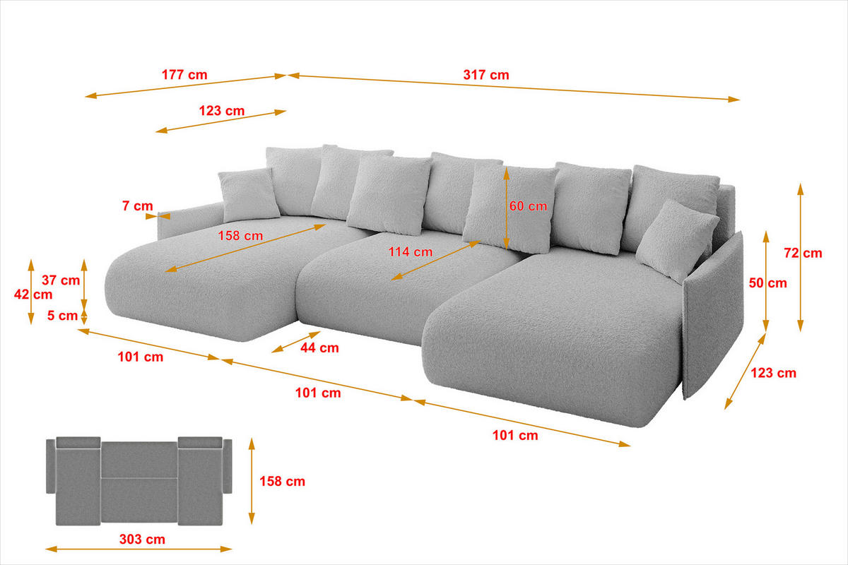 WOHNLANDSCHAFT mit Schlaffunktion und Bettkasten ONESK-U-v1 317x177x72 Hellgrau Bouclé - Hellgrau, Holzwerkstoff/Kunststoff (317/72/177cm) - ALTDECOR