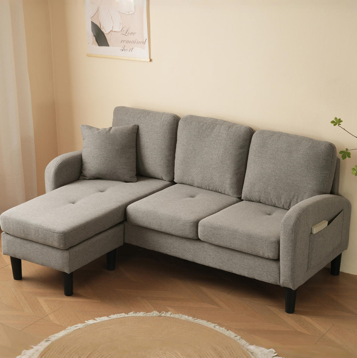 ECKSOFA L-Form 3-Sitzer mit Chaiselongue Baumwoll-Leinenstoff Dunkelgrau 166/118/77 cm - Dunkelgrau, Kunststoff (166/118cm) - OKWISH