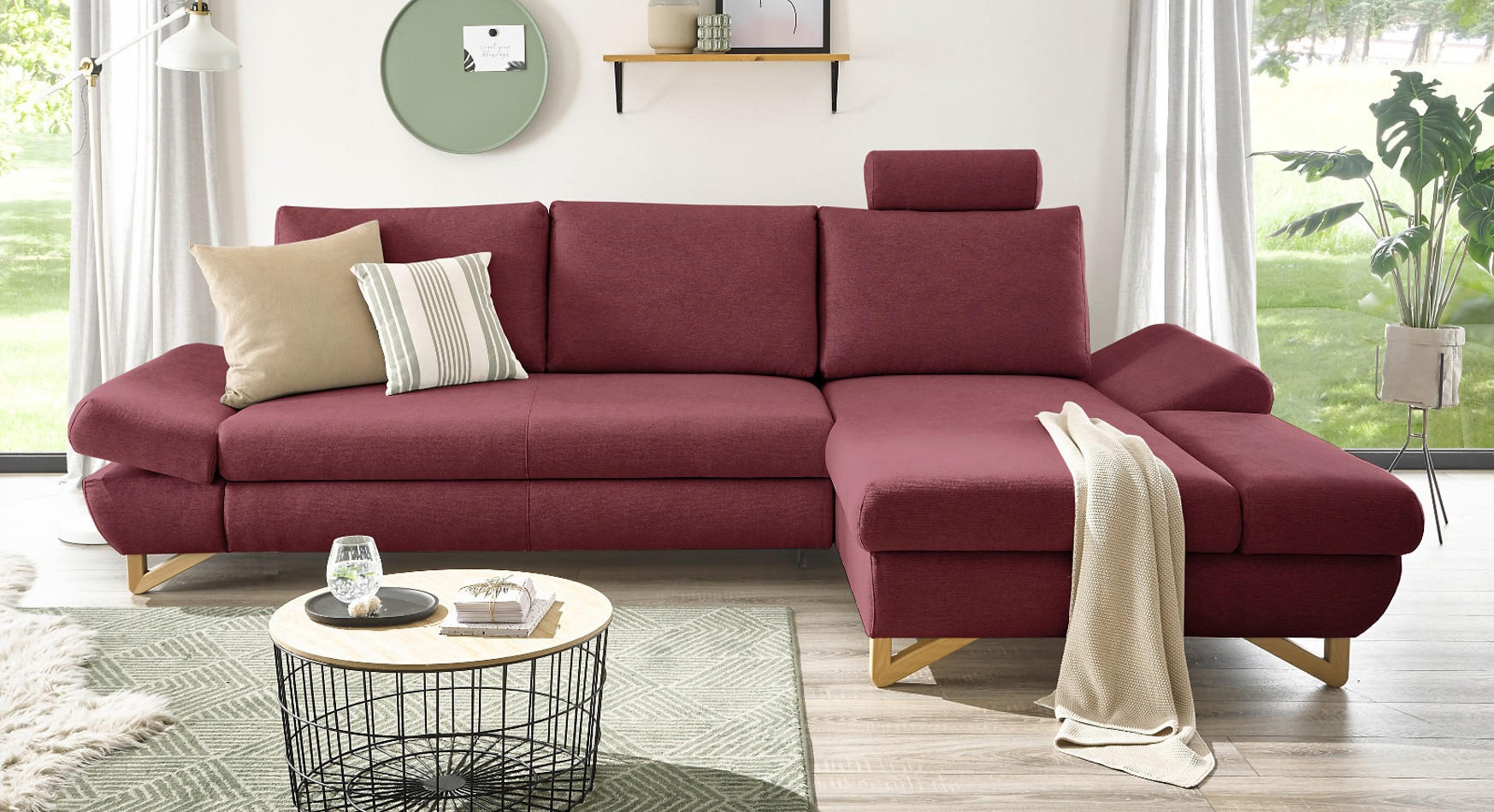 ECKSOFA bordeaux Velours, Wohnzimmer Sofa - Bordeaux, Holz/Textil (284/166cm) - Furn.Design