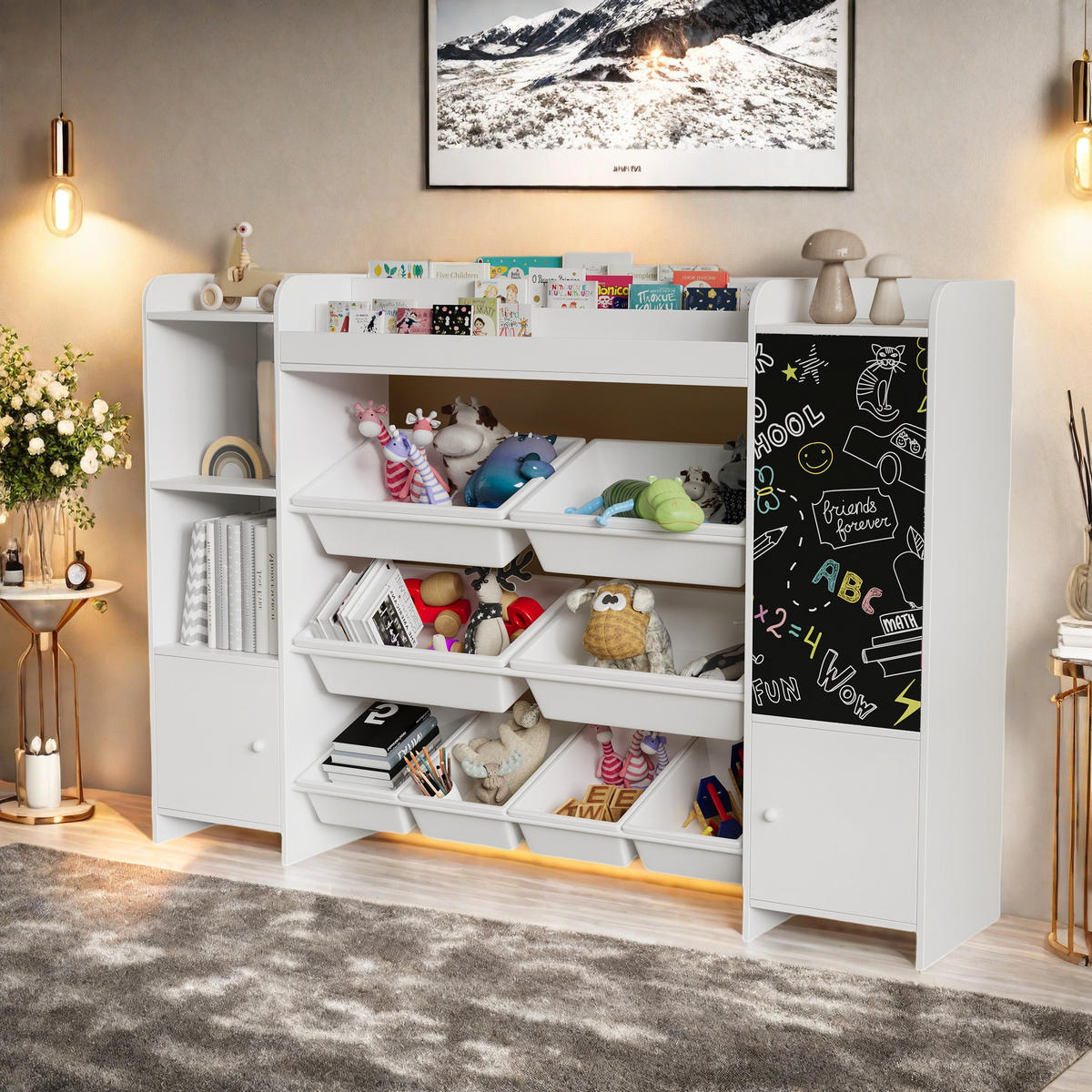 KINDERREGAL 4-stöckig weiß mit Aufbewahrungsboxen - Weiß, Holzwerkstoff (30/94.5/137cm) - SHOPENTRA