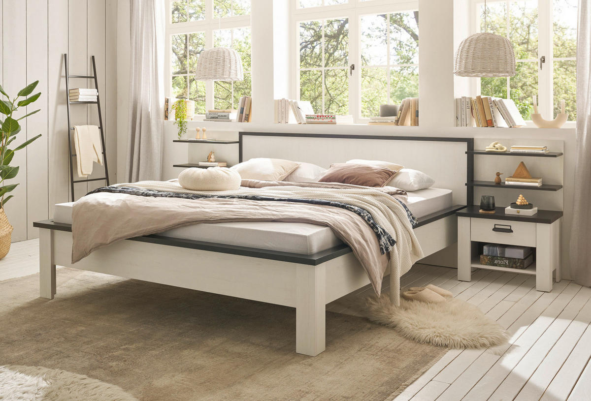 BETT weiß Pinie, anthrazit Landhaus, Doppelbett Liegefläche 180 x 200 cm - Anthrazit/Weiß, Holzwerkstoff (180/200cm) - Furn.Design
