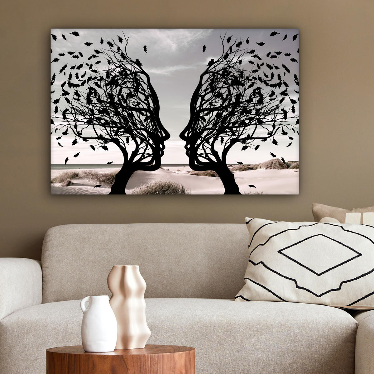 LEINWANDBILD Strand - Meer - Menschen - Baum - Moderne Kunst Gemälde 60x40 cm - Hellgrau, Textil (60/40cm) - MuchoWow