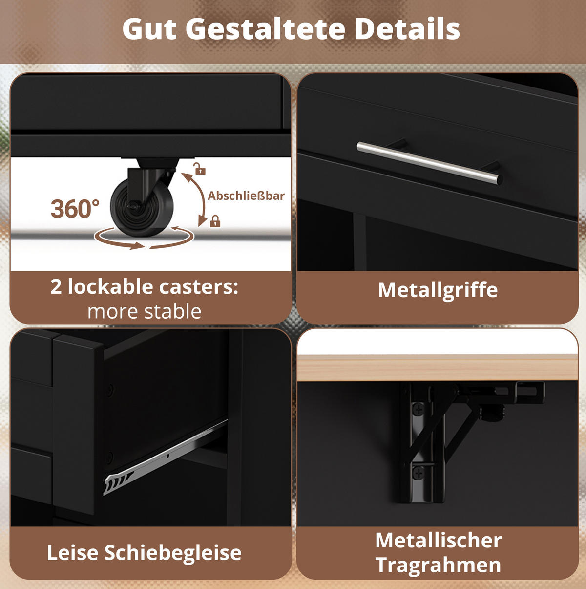 KÜCHENWAGEN 138/45/92 cm in Schwarz/Natur mit klappbarer Arbeitsplatte und Rollen - Schwarz, Holzwerkstoff (138/92/70cm) - Flora Grace