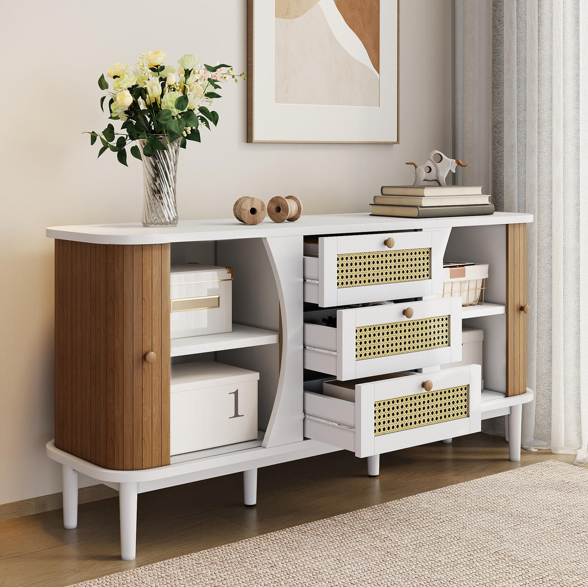 SIDEBOARD 140,5/40/76 cm mit 3 Rattanschubladen und verstellbaren Einlegeböden aus MDF und Spanplatte, Weiß/Holzfarbe - Weiß, Holzwerkstoff (140.5/76/40cm) - Redom