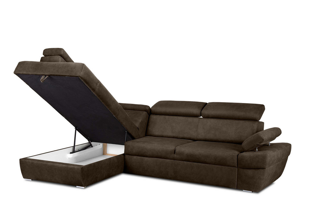 SCHLAFECKSOFA RATLO links 4/5-Sitzer mit Bettkasten in Lederoptik, braun - Silberfarben/Braun, Textil (270/190cm) - KONSIMO®