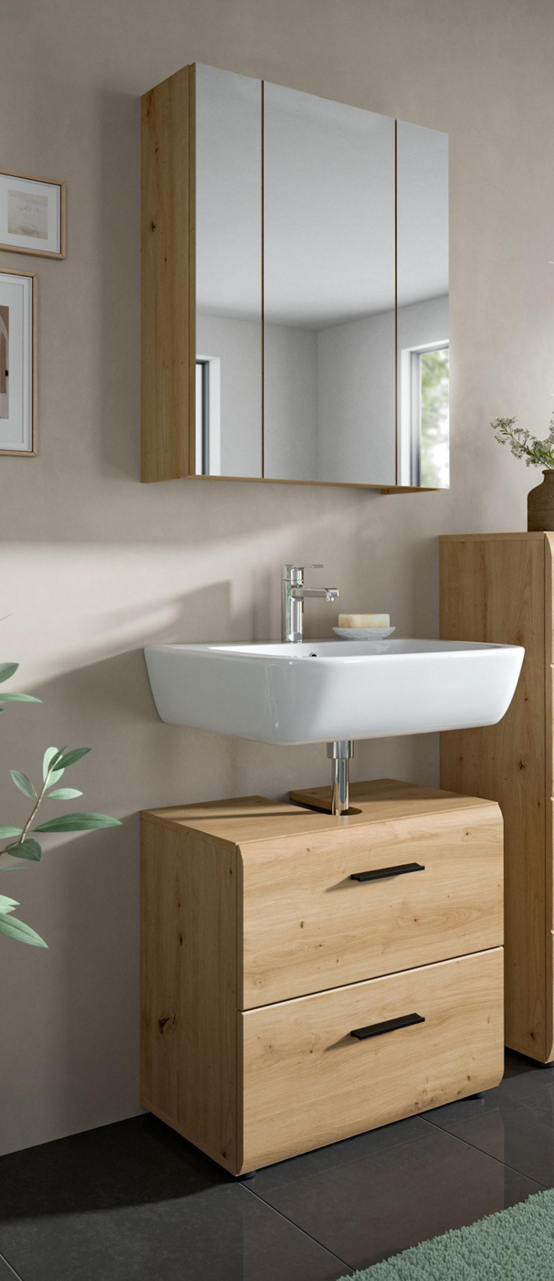 BADMÖBEL SET 2-teilig in Artisan Eiche, Badkombination 60 x 185 cm, Cover - Eichefarben/Schwarz, Glas/Holzwerkstoff (60/185/30cm) - Inn.Furn