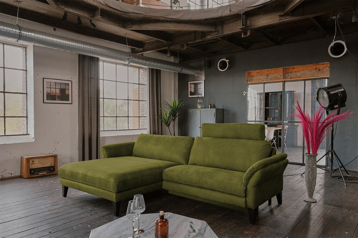 ECKSOFA MALTA Grün Webstoff - Schwarz/Grün, Buchenholz/Textil (302/175cm) - KAWOLA