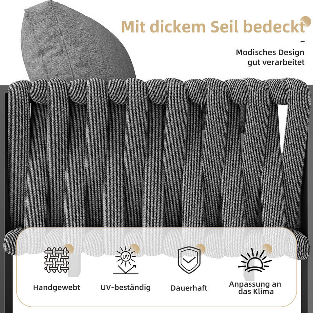 GARTENLOUNGE-SET GRAU mit Seilgeflecht verstellbaren Beinen und Glastisch inkl. Kissen - Grau, Textil - BLACKCUP