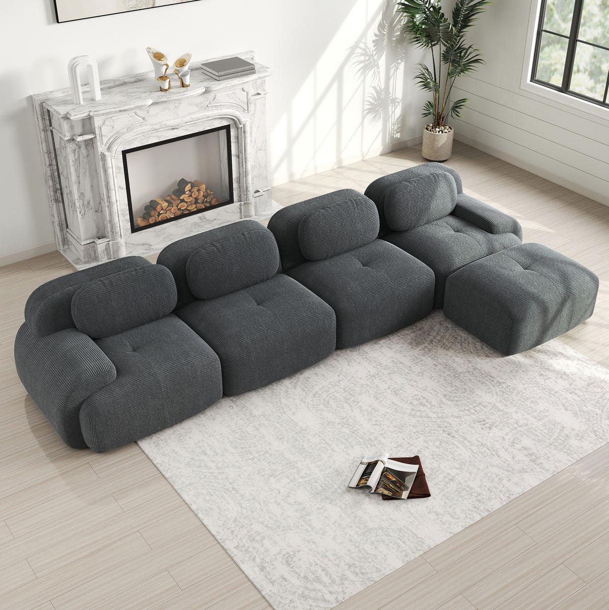 ECKSOFA modular rahmenlos mit Chaiselongue, 32D-Hochdichteschaum, Cordstoff und montagefreier Nutzung, Grau - Grau, Textil (388/178cm) - Redom