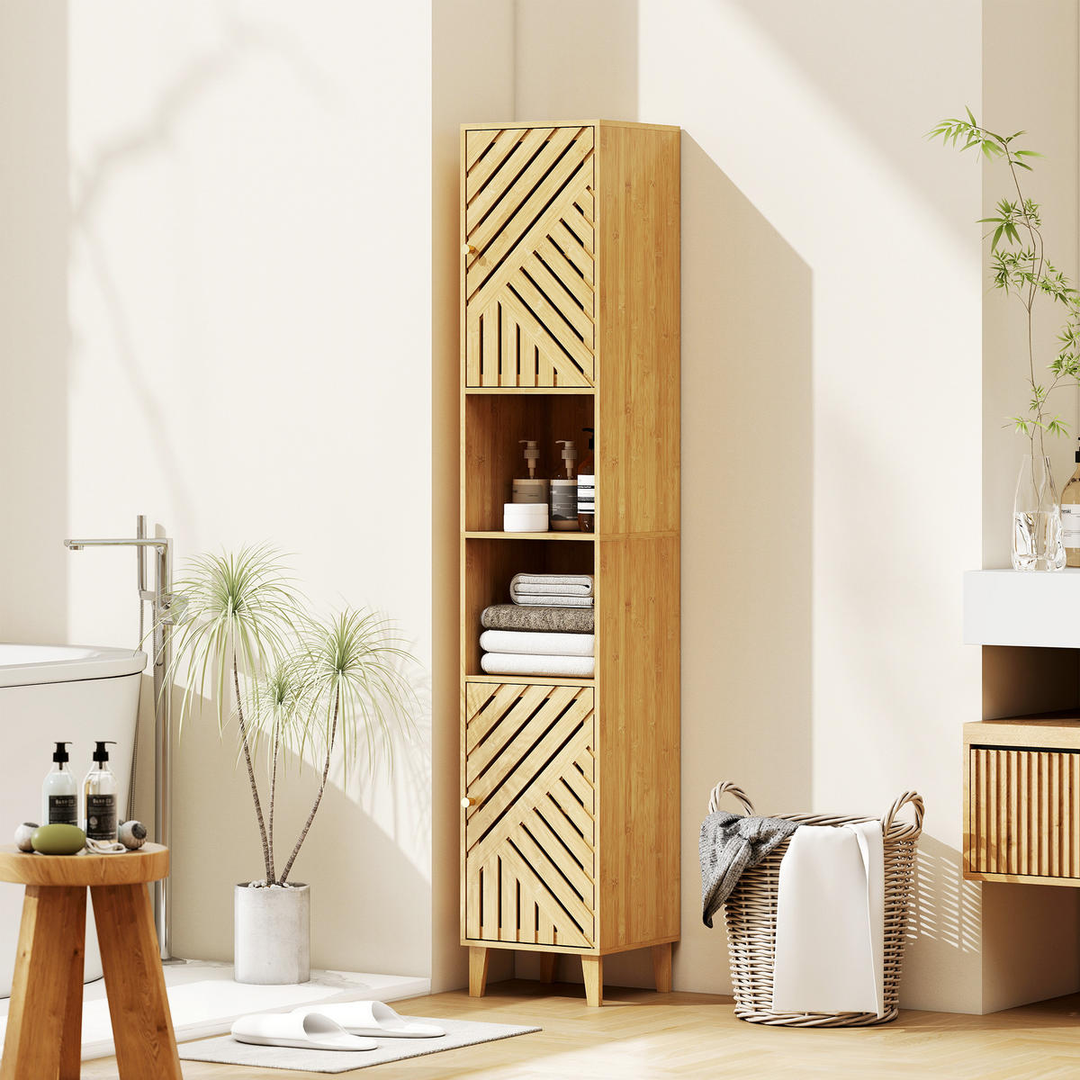 HOCHSCHRANK DE-12485 32/30/170 cm mit Bambustüren Naturholz - Naturfarben, Holzwerkstoff (30/170/32cm) - ComfortXL