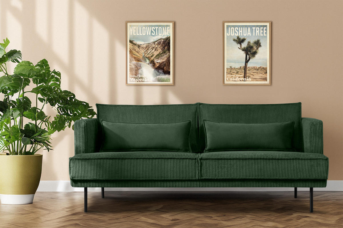 3-SITZER-SOFA GANZO 2 Kissen inklusive, Cord-Stoff, dunkelgrün - Dunkelgrün/Schwarz, Textil/Metall (193/84/92cm) - KONSIMO®