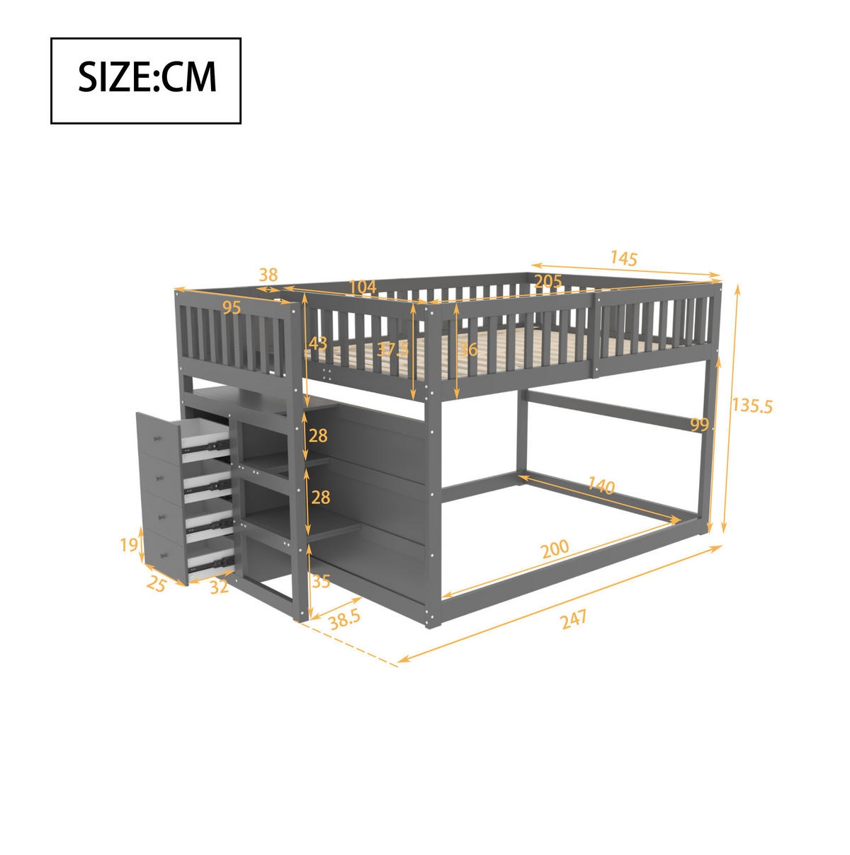 ETAGENBETT 140/200 cm in Grau mit Sicherheitstreppe und Stauraum - Grau, Holz (140/200cm) - OKMYHOME