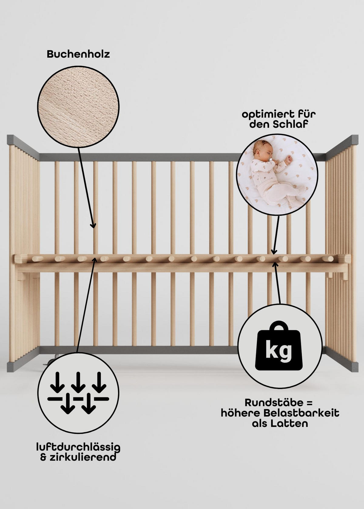 LAUFGITTER 100x100 cm mit Matratze Cloud Air & Lattenrost - grau/natur - Premium Kollektion - Naturfarben/Grau, Holz (100/74/100cm) - Sämann – make a difference.