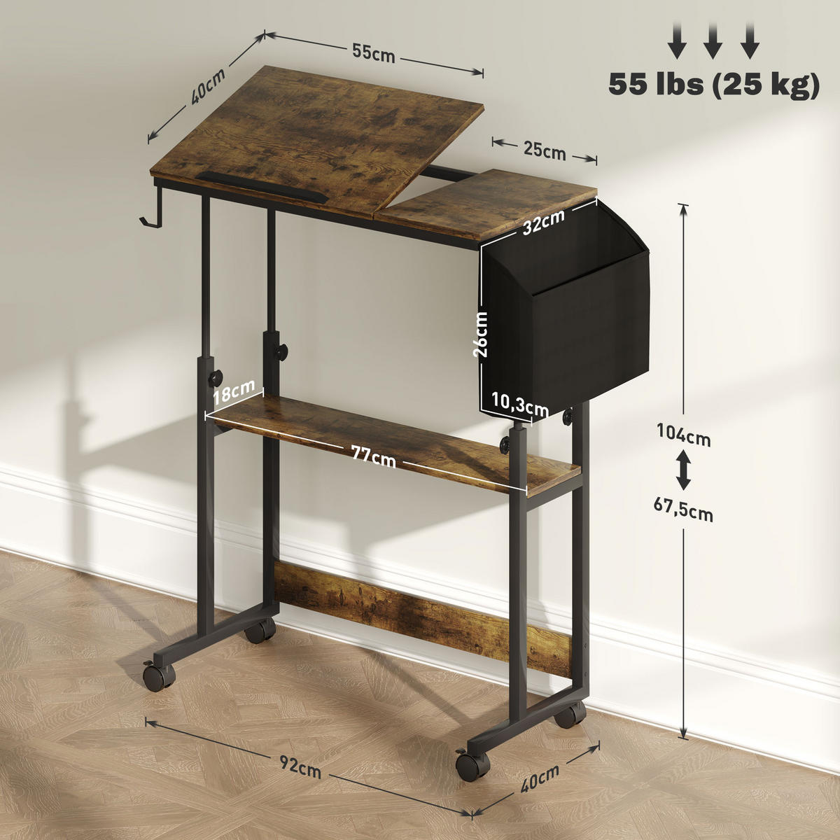HÖHENVERSTELLBAR SCHREIBTISCH 92 x 40 cm, mit Rollen, Braun - Braun, Metall (40/92/104cm) - HOMCOM