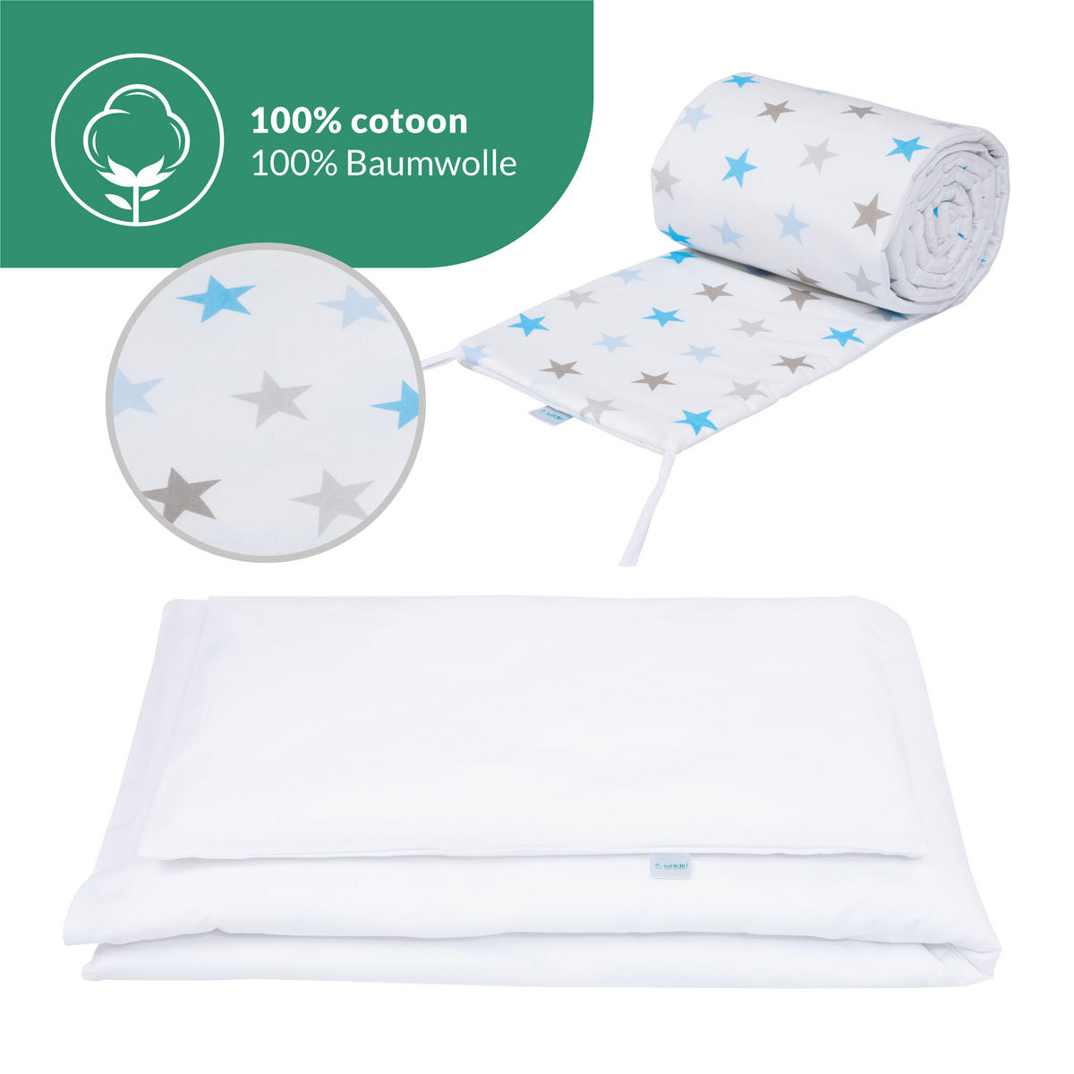 BABYBETT WHITE, 7in1 mit Matratze - Weiß/Hellblau, Holz (73/123cm) - waldin