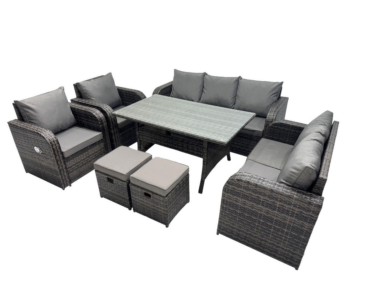 LOUNGEGARNITUR mit Esstisch Polyrattan Dunkelgrau 9-Sitzer - Dunkelgrau/Grau, Glas/Kunststoff - Fimous