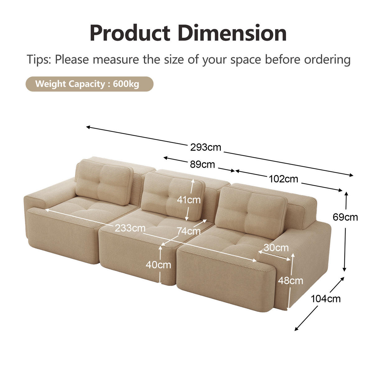 MODULSOFA boneless mit Tiefsitz 74 cm Cord Beige 3-Sitzer - Beige, Kunststoff (104/69/293cm) - Meubliv