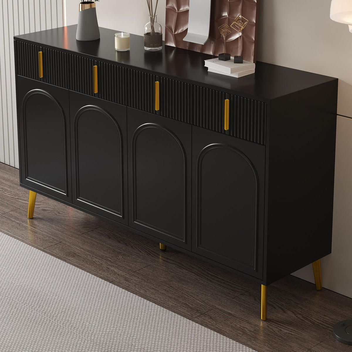 SIDEBOARD mit 4 Türen und 4 Schubladen 140 x 38 x 82 cm Schwarz - Schwarz, Holzwerkstoff (140/82/38cm) - Meubliv