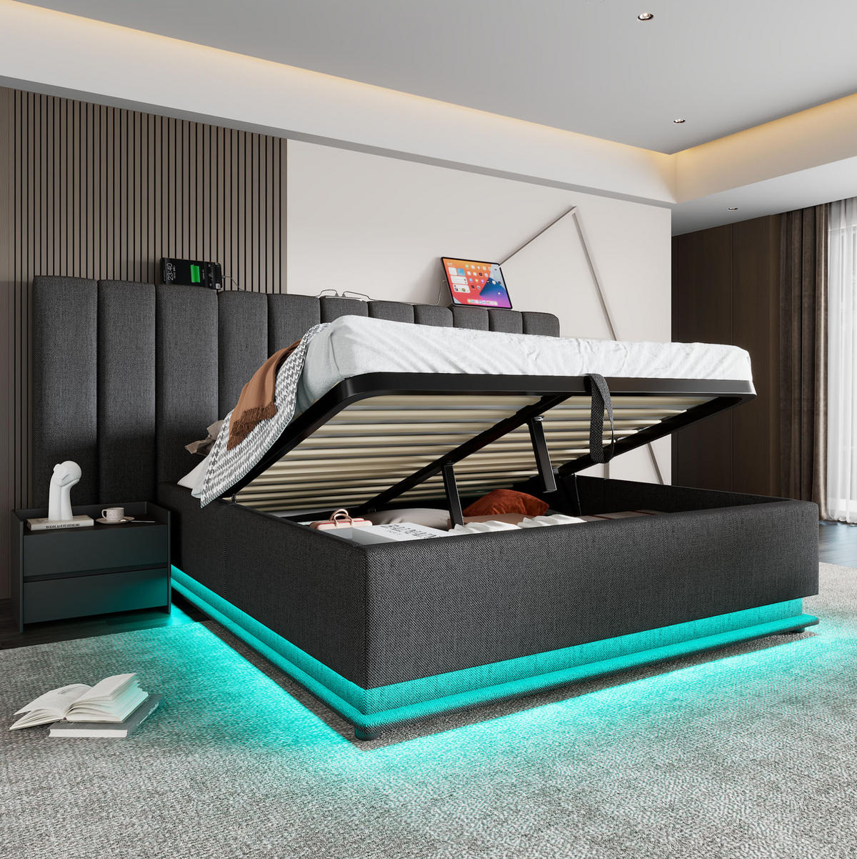 POLSTERBETT mit Stauraum LED und Ladefunktion 160x200 cm Leinen Grau - Grau, Metall (160/200cm) - Meubliv