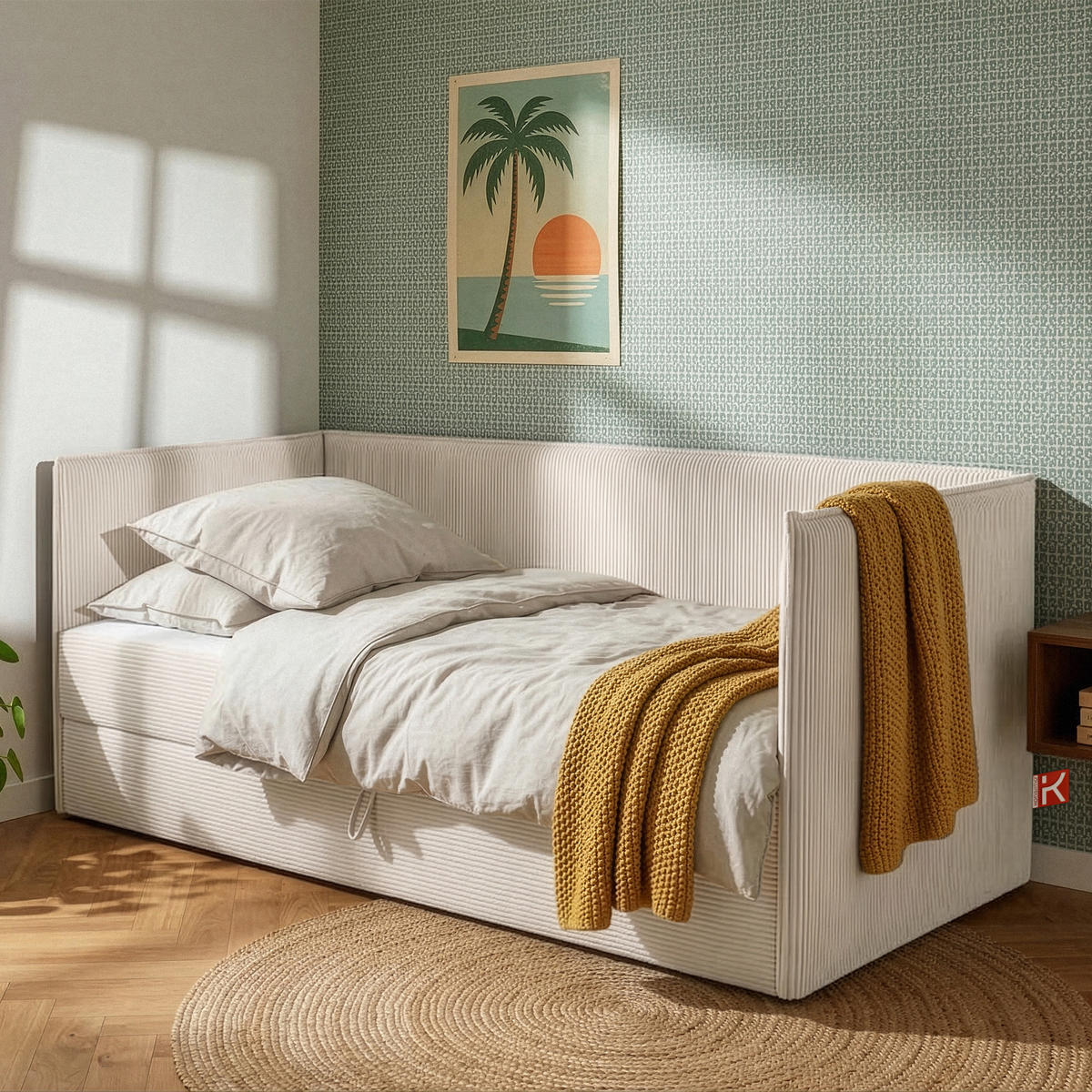 JUGENDBETT ROTI Einzelbett mit Bettkasten, 90x200cm, Bett mit Bonellmatratze, mit Rückenlehne - Ecru/Schwarz, Holz/Holzwerkstoff (92/200cm) - KONSIMO®