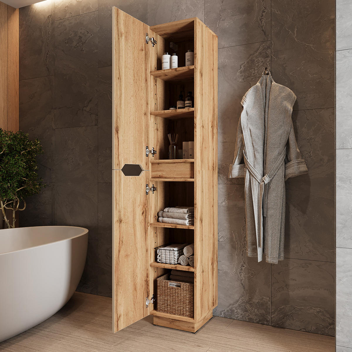 BADSCHRANK Lotta Eiche/Kaschmir gestreift 33 x 186 cm mit 2 Türen - Kaschmir/Eichefarben, Holzwerkstoff (33/186/35cm) - Vicco