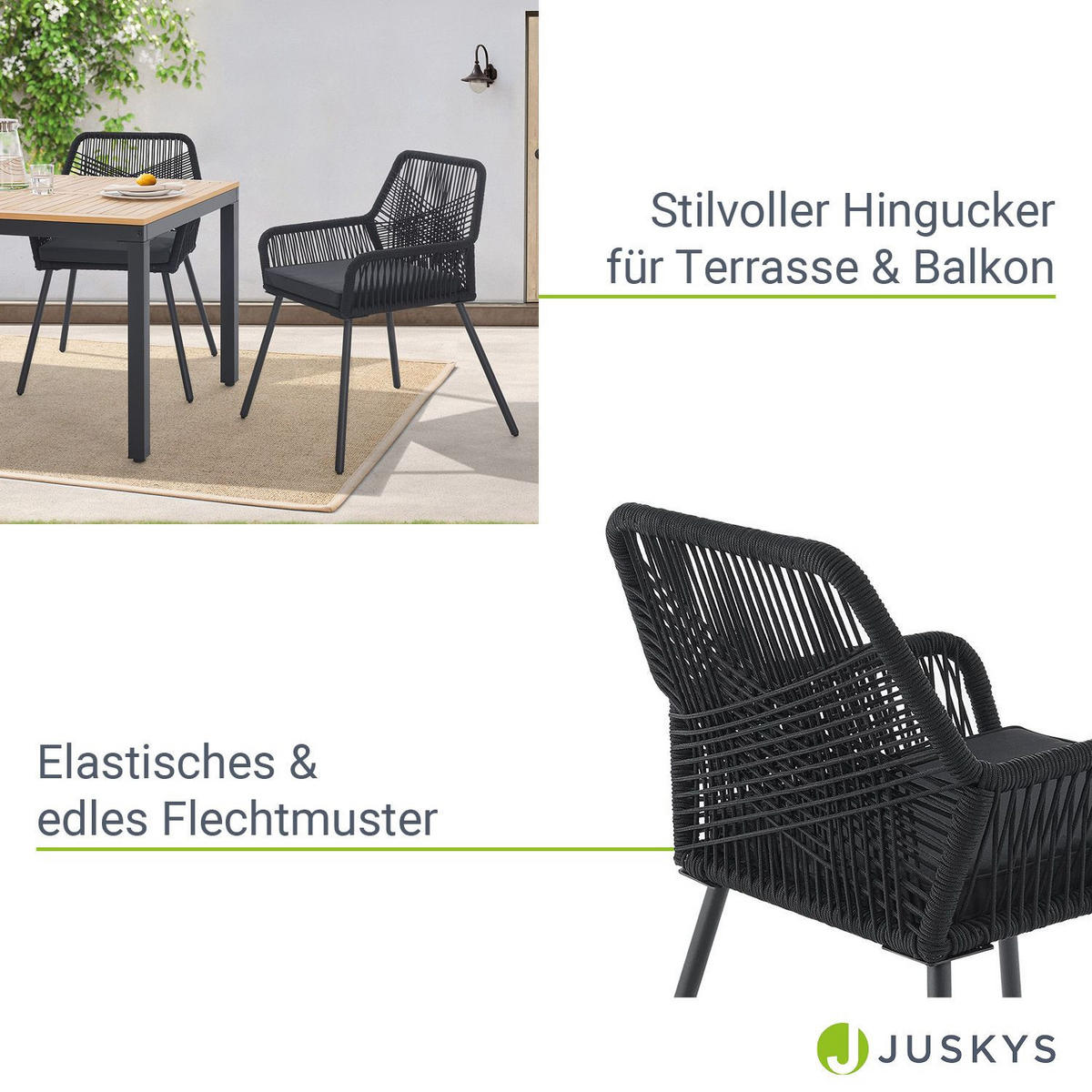 GARTENSTÜHLE Rope Kastos schwarz (2er-Set) - Schwarz, Metall (57/86/61cm) - Juskys