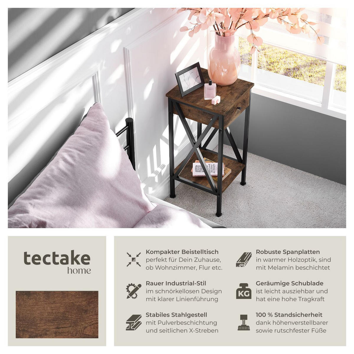 BEISTELLTISCH Dayton,35 x 35 x 70,5 cm,Industrial Holz dunkel, rustikal - Rostfarben, Holzwerkstoff (35/35/70.5cm) - tectake