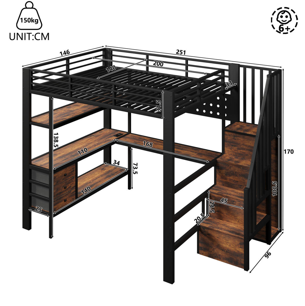 HOCHBETT 140/200 cm, Schwarz mit Ablagefläche, Schubladen, LED - Schwarz, Metall (140/200cm) - MIVRAY