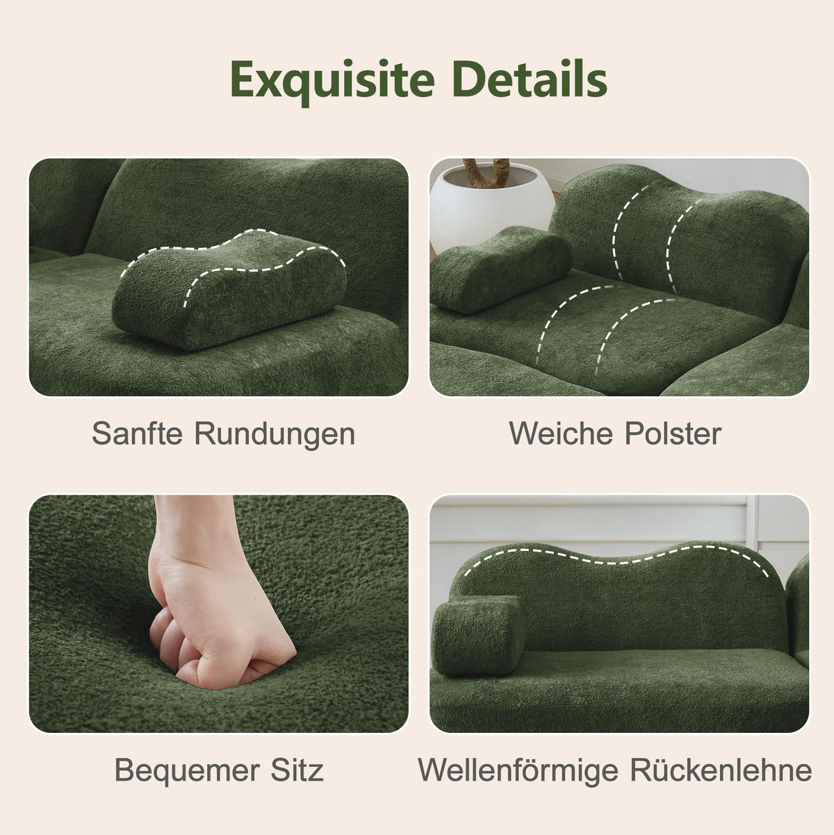 SOFA 288/98/70 cm in Grün aus Samt mit tiefer Sitzfläche - Grün, Textil (98/70/288cm) - Flora Grace