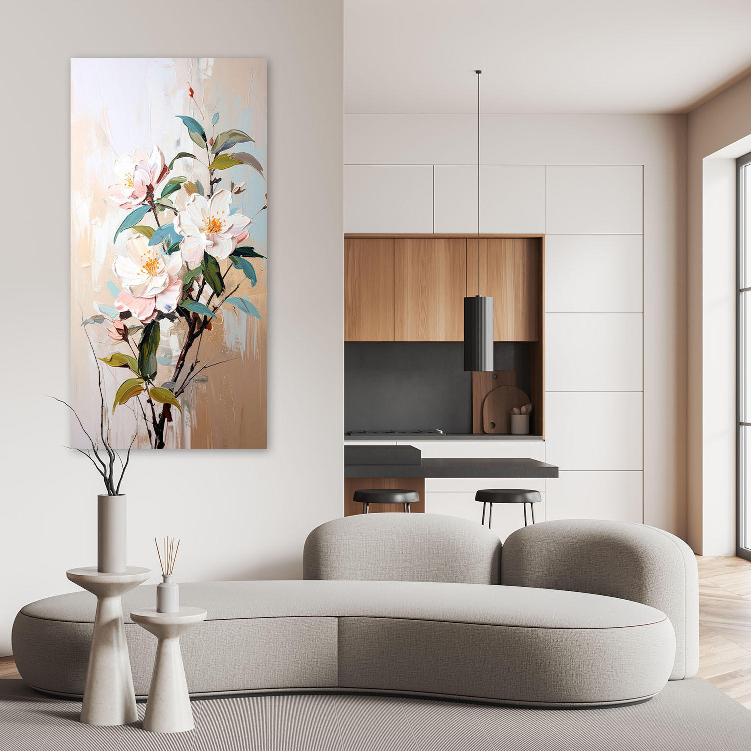 LEINWANDBILD Weiße Blumen Zweige Blätter Farbeffekt 60x120cm - Grau, Textil (60/120cm) - Feeby