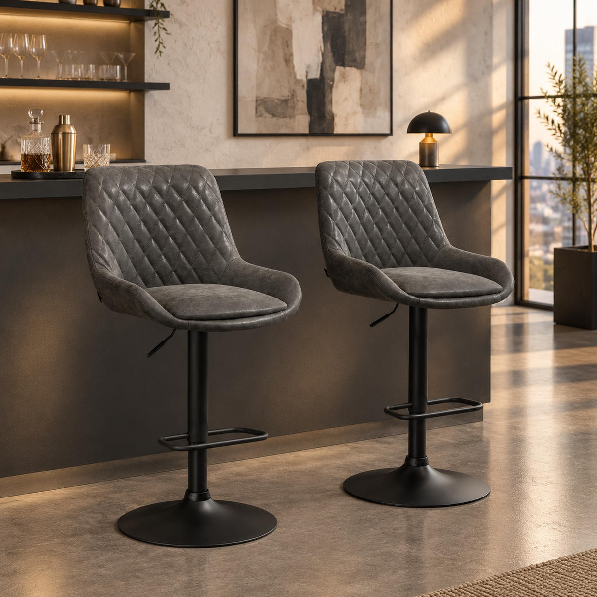BARHOCKER 2er-Set höhenverstellbar mit Rückenlehne und Fußstütze - Dunkelgrau, Leder (59/117/51cm) - MIVRAY