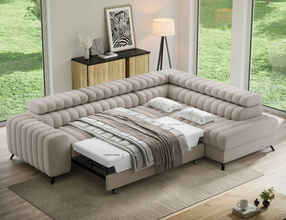 KANEDO Ecksofa mit Schlaffunktion und Bettkasten – Modernes Designsofa, verstellbare Kopfstützen, Metallfüße - Beige, Kunststoff (269/86cm) - Wohnideebilder