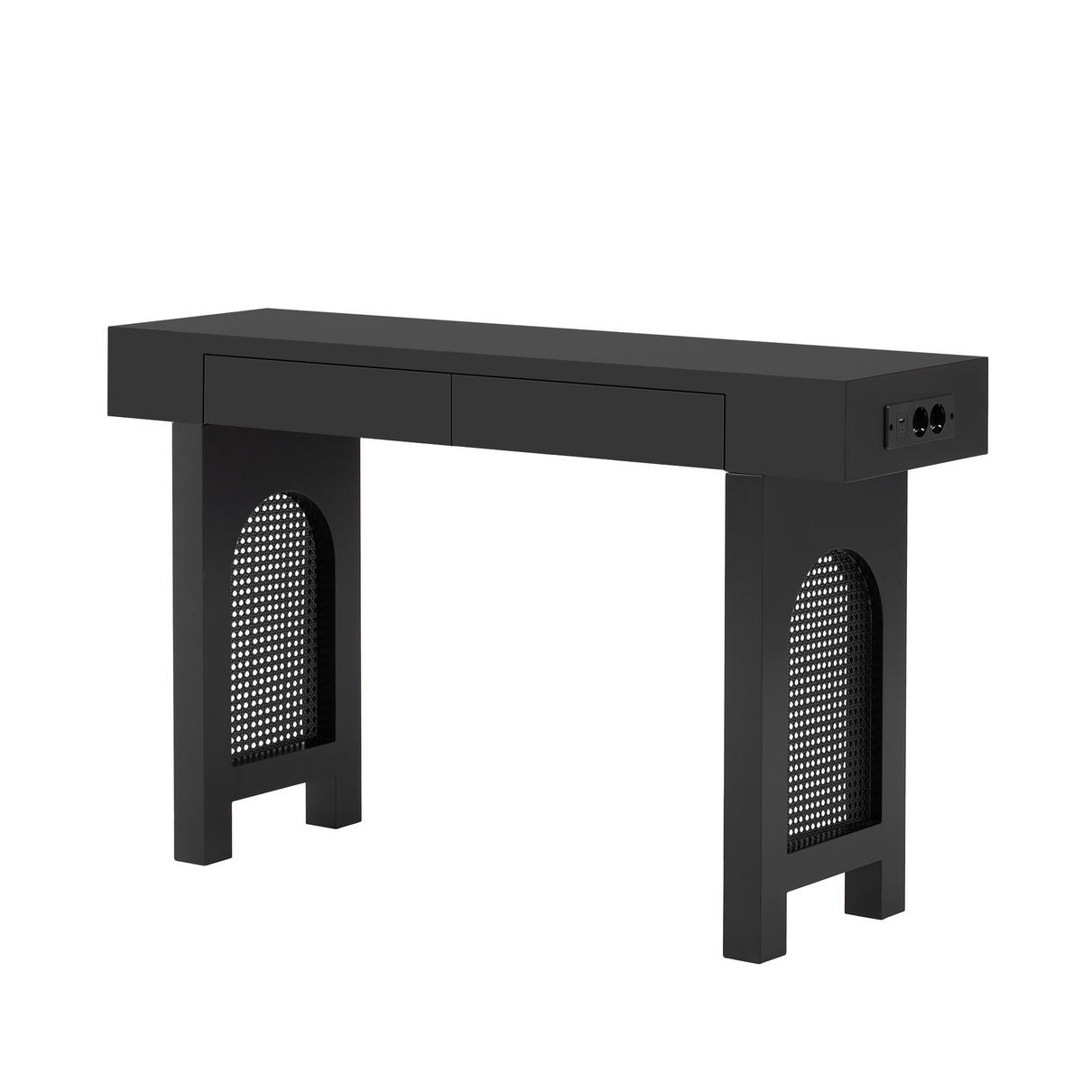 KONSOLENTISCH 120/35,5/76,5 cm schwarz aus MDF mit 2 Schubladen und Steckdosenleiste - Schwarz, Holzwerkstoff (120/35.5/76.5cm) - OKWISH