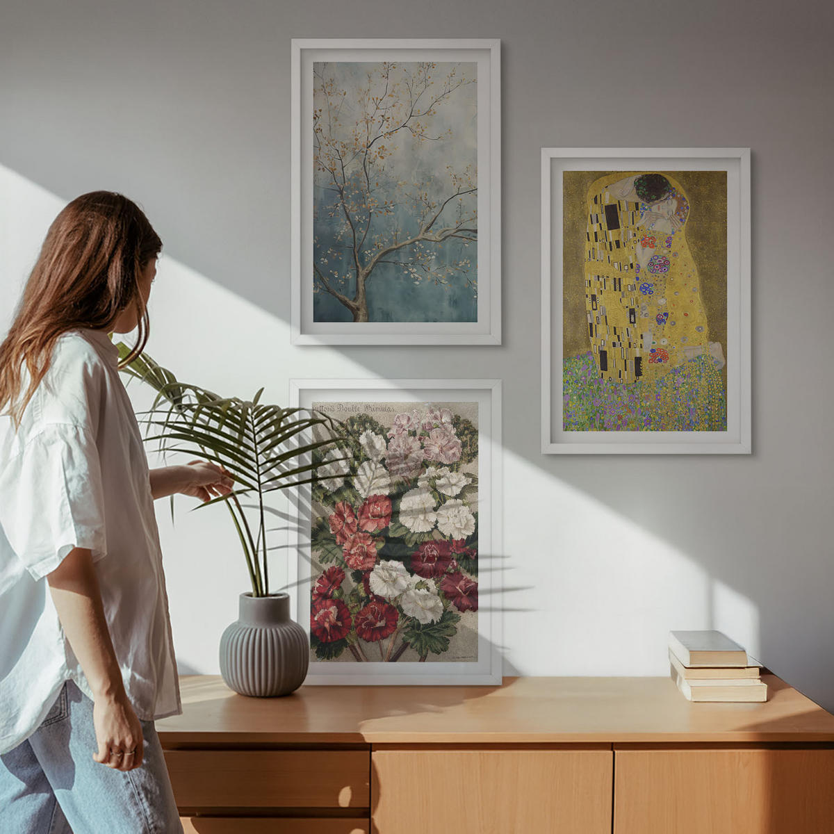 WANDBILDER 3er-Set - 40x60 cm Weißer Rahmen - Blumen des Baumes (Gemälde von Klimt) - Weiß, Kunststoff (40/60cm) - ArtPrintCave