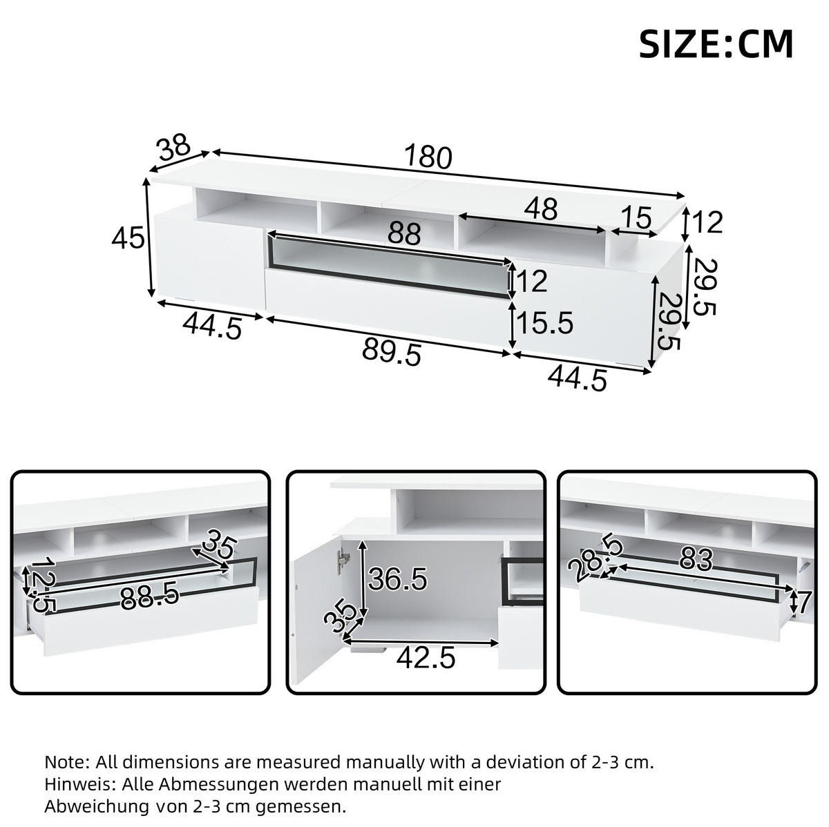 TV-ELEMENT mit LED 180 x 38 x 45 cm Hochglanz Weiß - Weiß, Holzwerkstoff (38/45/180cm) - Beauniv