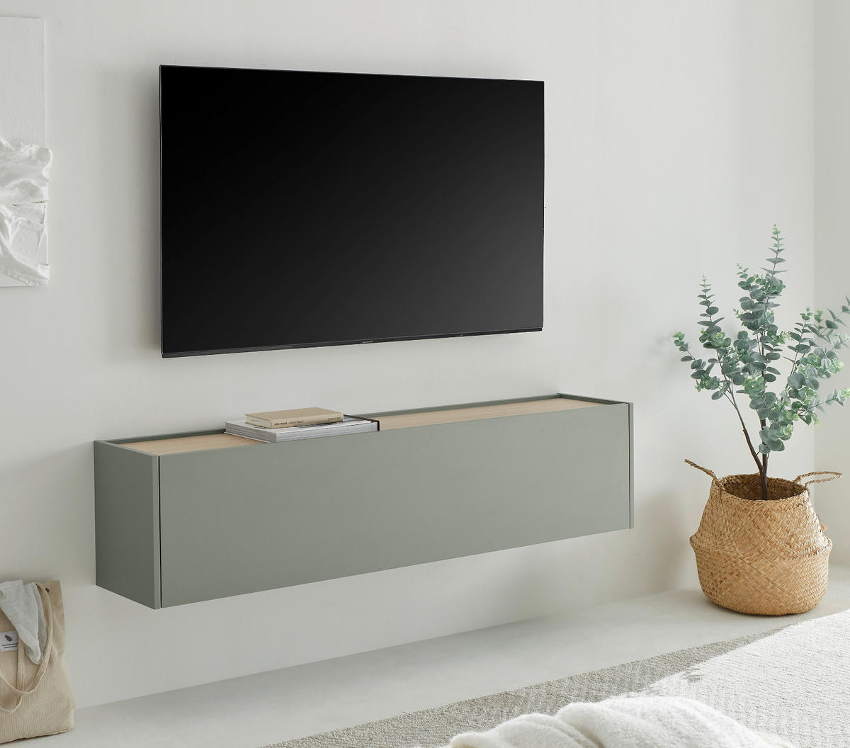 TV-LOWBOARD in Salbei Grün mit Eiche, Hängeschrank mit Stauraum, 150 cm - Salbeigrün/Eichefarben, Holz/Holzwerkstoff (150/35/30cm) - Furn.Design