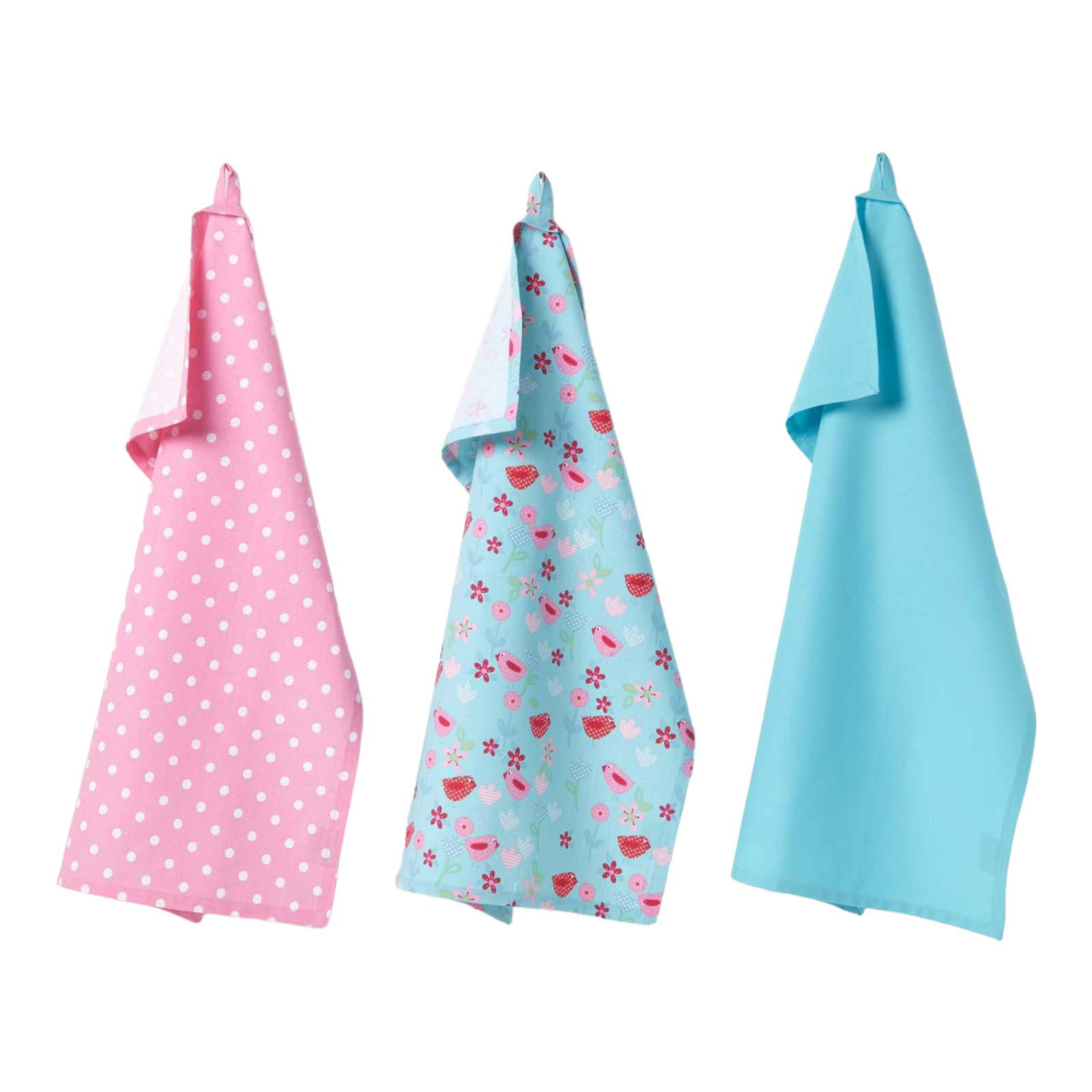 GESCHIRRTÜCHER Vögel & Blumen, 3er-Set, 100% Baumwolle - Blau, Textil (50/70cm) - Homescapes