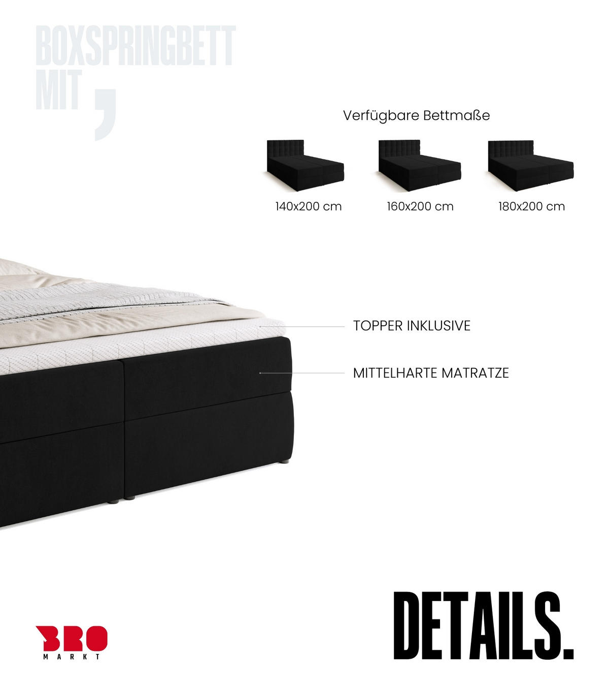 BOXBETT Detroit mit Topper 160/200 Schwarz - Schwarz, Holzwerkstoff/Textil (160/200cm) - Bromarkt