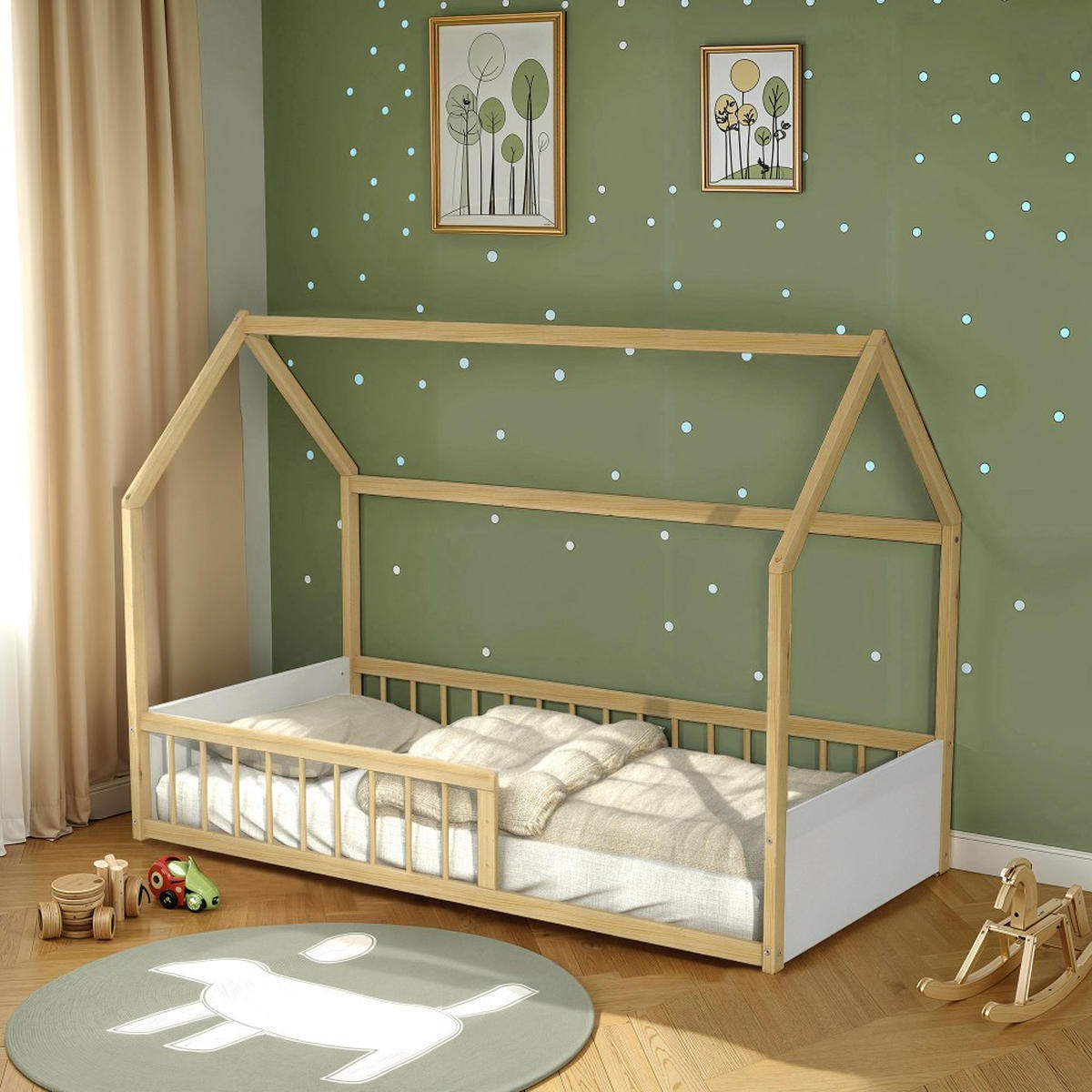 HAUSBETT BALOO / 90x190 cm + Lattenrost - Weiß und helles Holz - Naturfarben, Holz (90/190cm) - Weber Industries