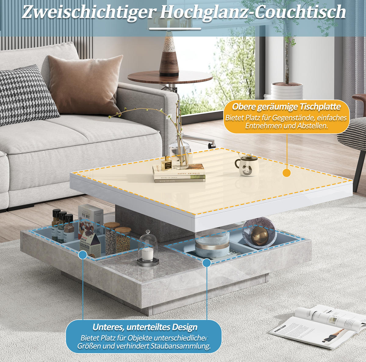 COUCHTISCH aus Spanplatte 70x70x36 cm in Weiß mit 360°-Drehfunktion - Weiß, Holzwerkstoff (70/70/36cm) - Modfu