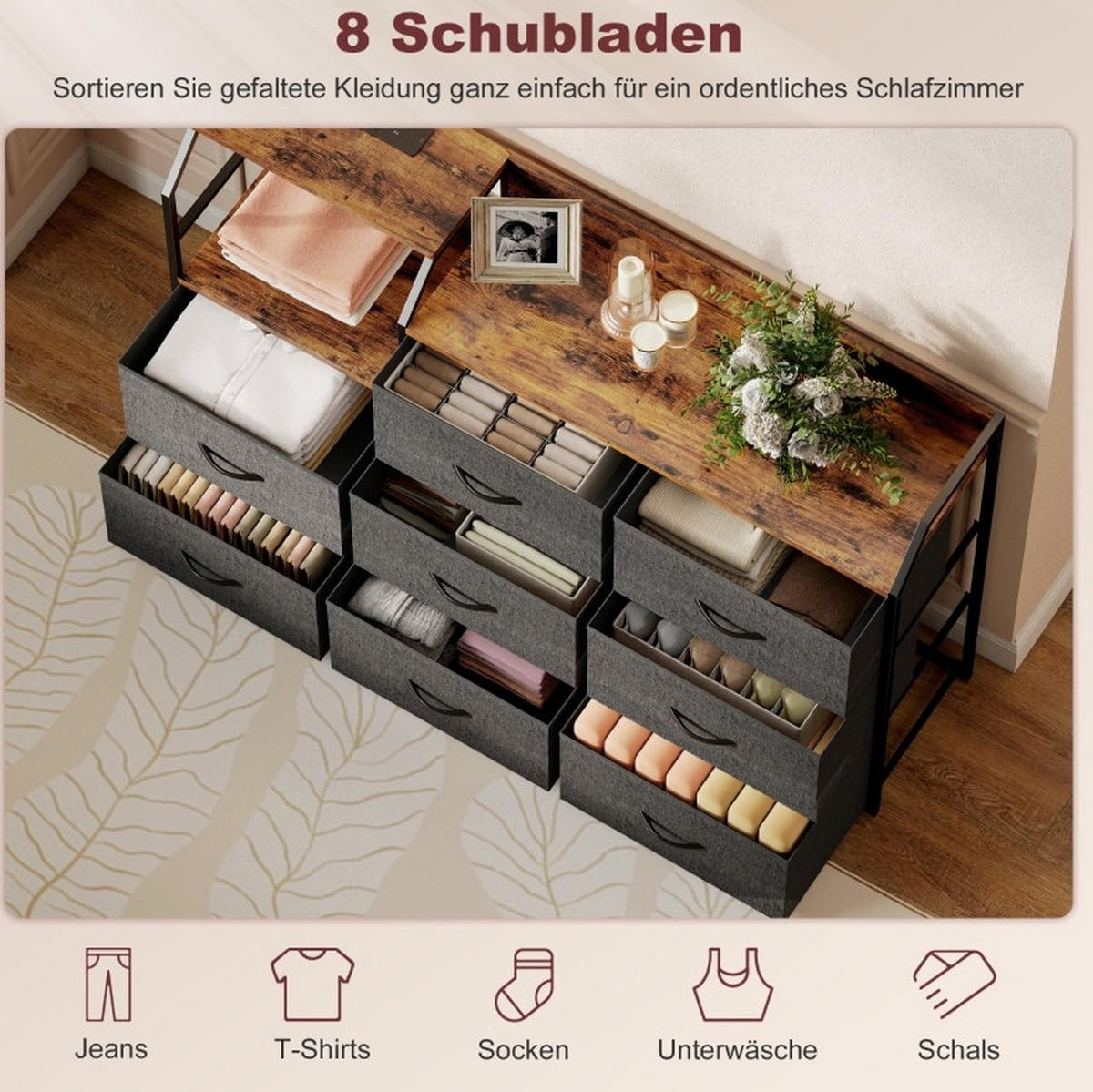 KOMMODE aus Stoff, Stahl und Spanplatte Rustikales 130x30x88 cm Braun-Schwarz mit Ladestation, 8 Schubladen und offenem Fach - Schwarz, Textil (130.5/88/30cm) - Modfu