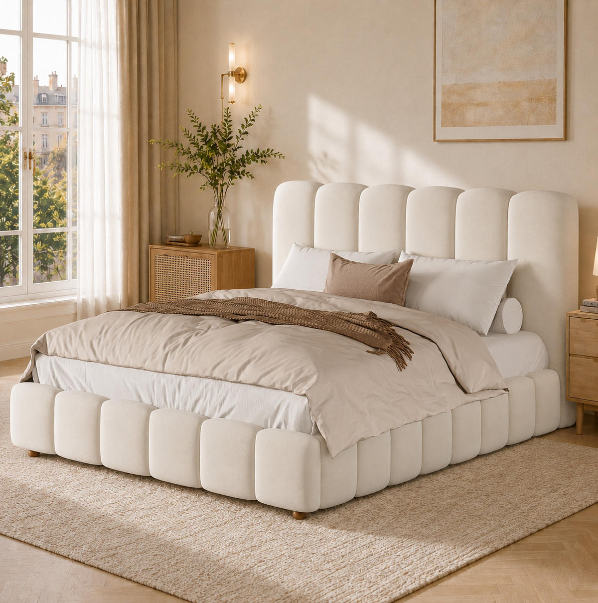 POLSTERBETT aus Samt 140x190 cm Beige mit Lattenrost, hydraulischem Bettkasten und Kopfteil - Beige, Textil (140/190cm) - Modfu