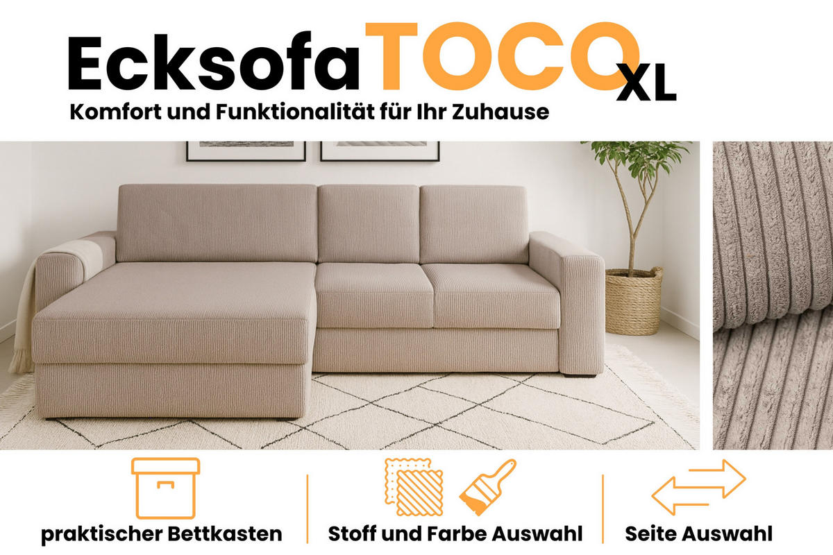 ECKSOFA TOCO XL 275/170 cm in Cord Beige links - Beige, Holz/Holzwerkstoff (275/170cm) - Deine Möbel 24