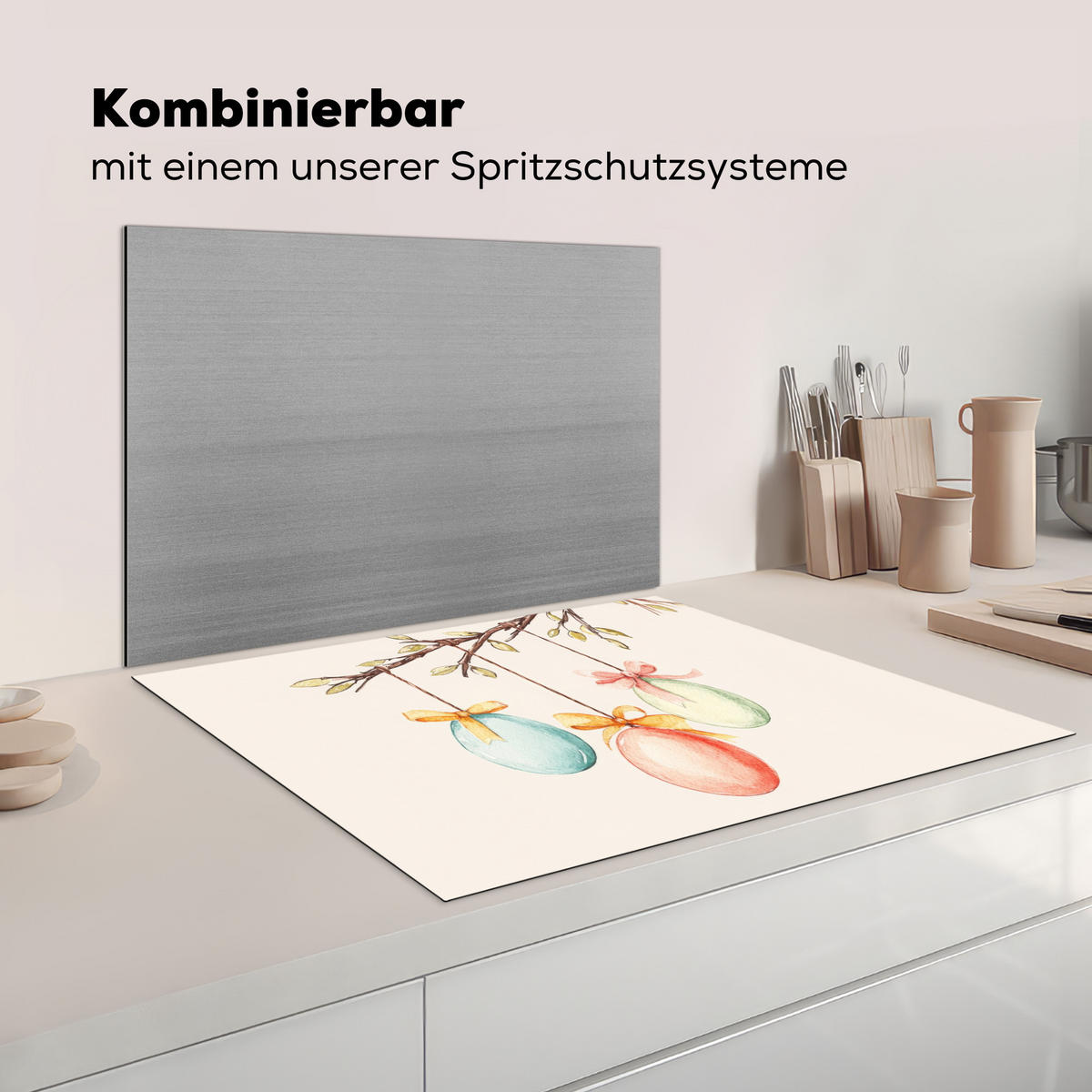 HERDABDECKPLATTE Osterkuchen - Schleife - Eier Induktionsmatte 77x59 cm - Creme, Kunststoff (77/59/0.2cm) - MuchoWow
