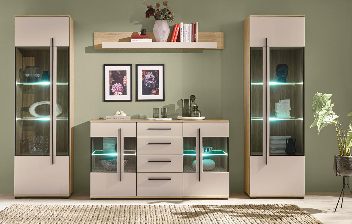 WOHNWAND Kaschmir, Eiche 4-teilig 290 cm, Wohnkombination mit Soft-Close - Kaschmir/Eichefarben, Glas/Holzwerkstoff (290/200/37cm) - Furn.Design
