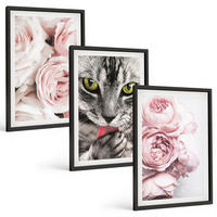 BILDER SET 3er Set - 40x60 cm Schwarzer Rahmen - Katze in rosa Blumen - Schwarz, Kunststoff (40/60cm) - TULUP