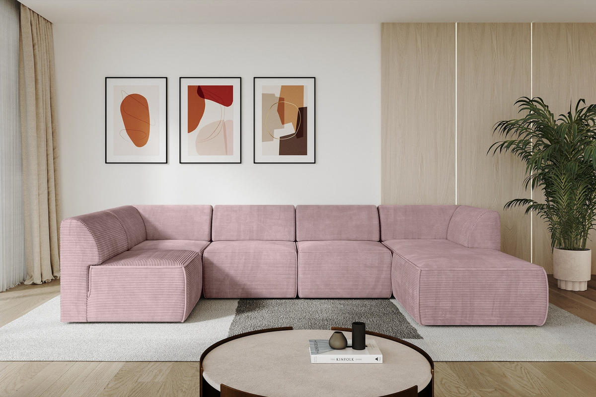 WOHNLANDSCHAFT Ottomane Rechts MOVA 345x180x78 Rosa Cord - Schwarz/Rosa, Holzwerkstoff/Kunststoff (345/78/180cm) - ALTDECOR