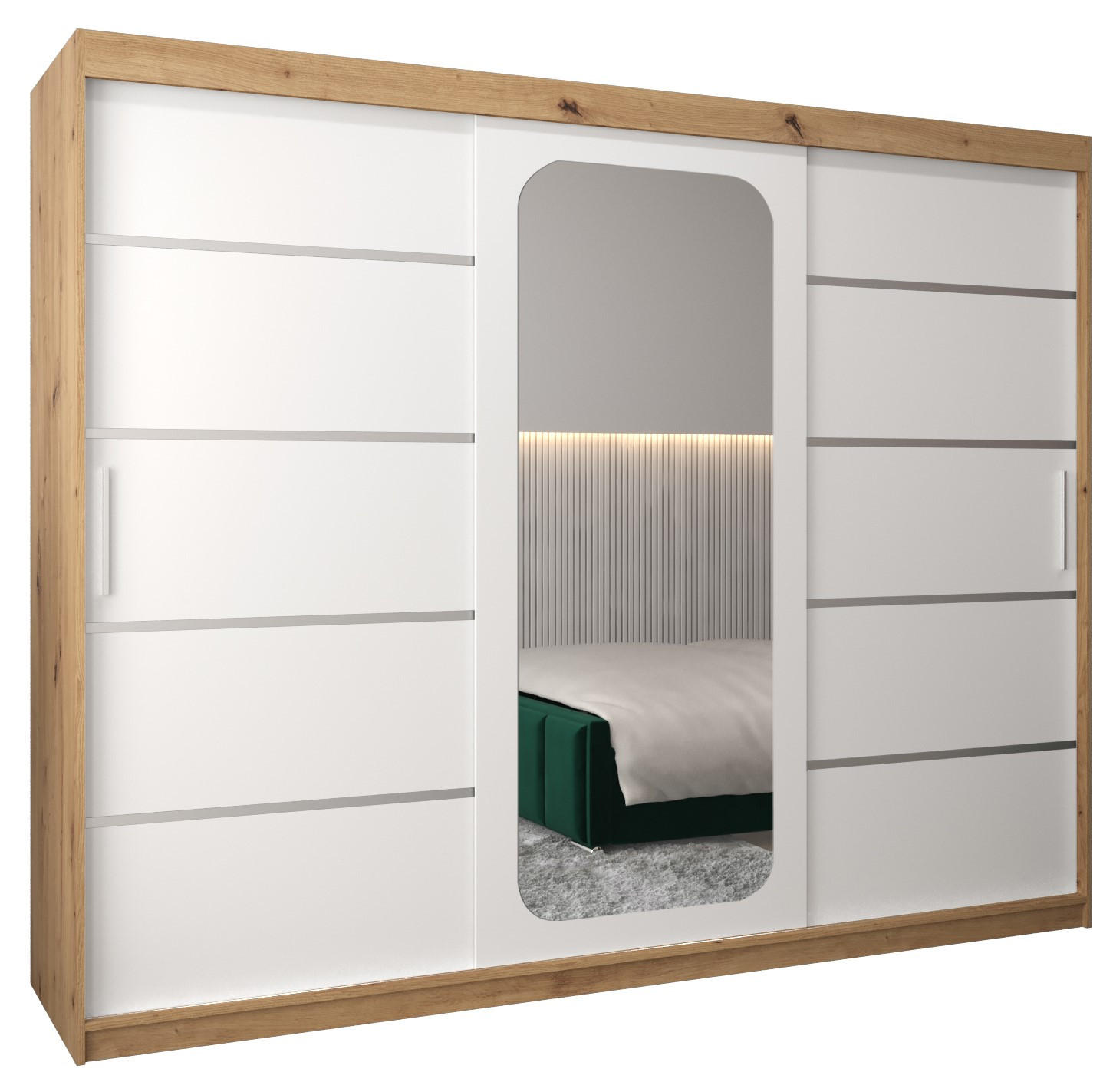 Abiks Möbel Schwebetürenschrank Eiche Artisan, Weiß 250x200x62 cm