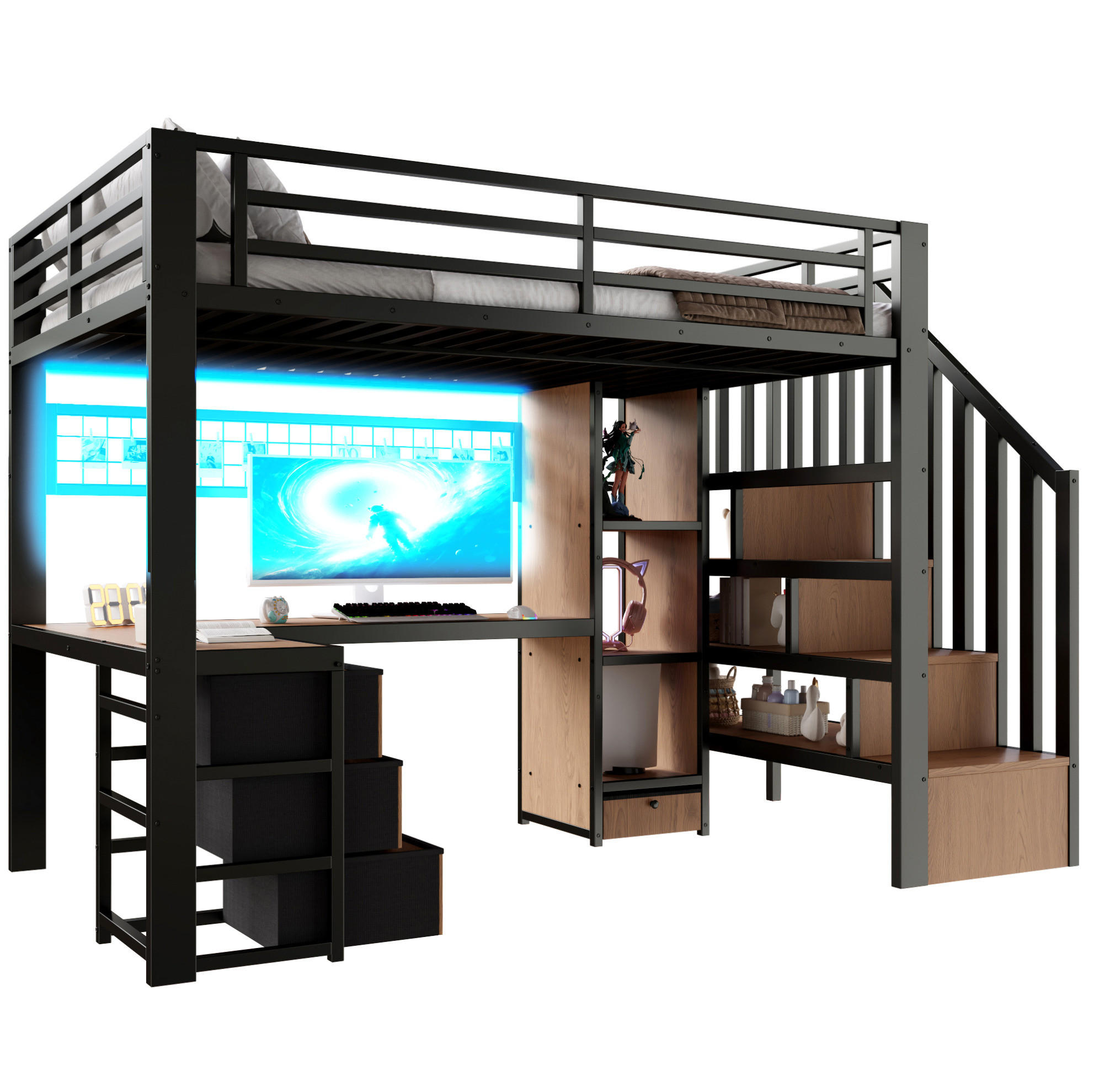 HOCHBETT 90/200 cm mit Schreibtisch, LED-Beleuchtung, 4 Schubladen und Stauraumtreppe aus Metall/MDF, Schwarz - Schwarz, Metall (90/200cm) - Redom