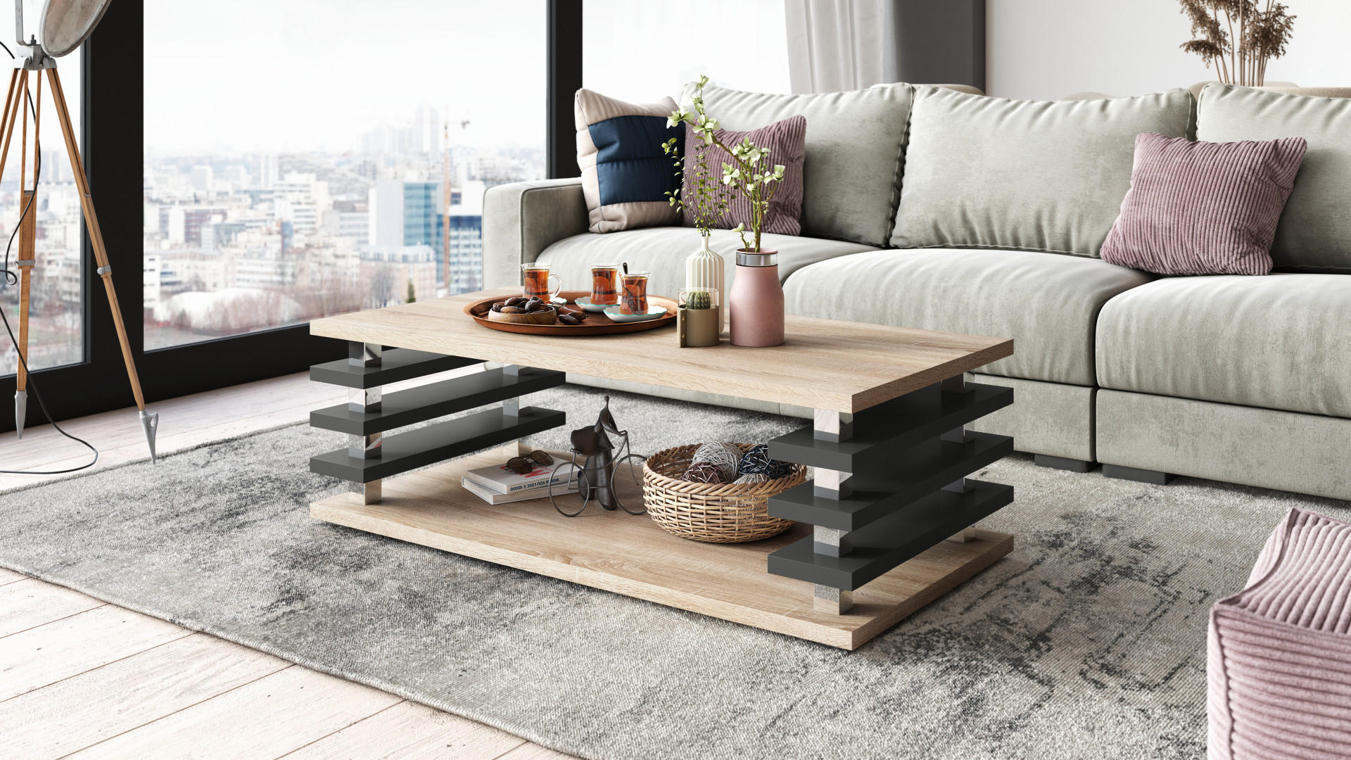 COUCHTISCH rechteckig Sonoma Eiche Anthrazit Ablage 120/40/60 cm - Anthrazit/Sonoma Eiche, Holzwerkstoff (60/120/40cm) - designimpex